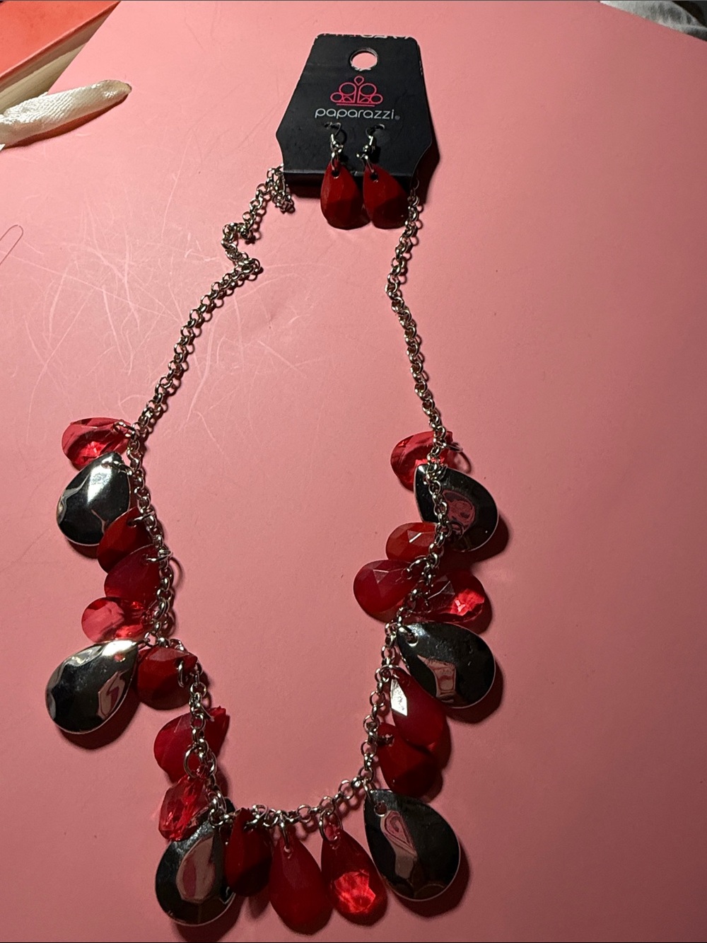 paparazzi Red Teardrop & Silver Disc Bib Necklace with Earrings